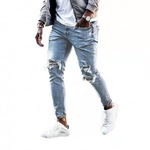 Fashion Stretch Knee Ripped Light Blue Men’s Jeans