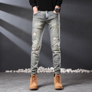 Handsome retro light grey scraped jeans men spring summer 2022 new slim feet stretch small straight leg long pants