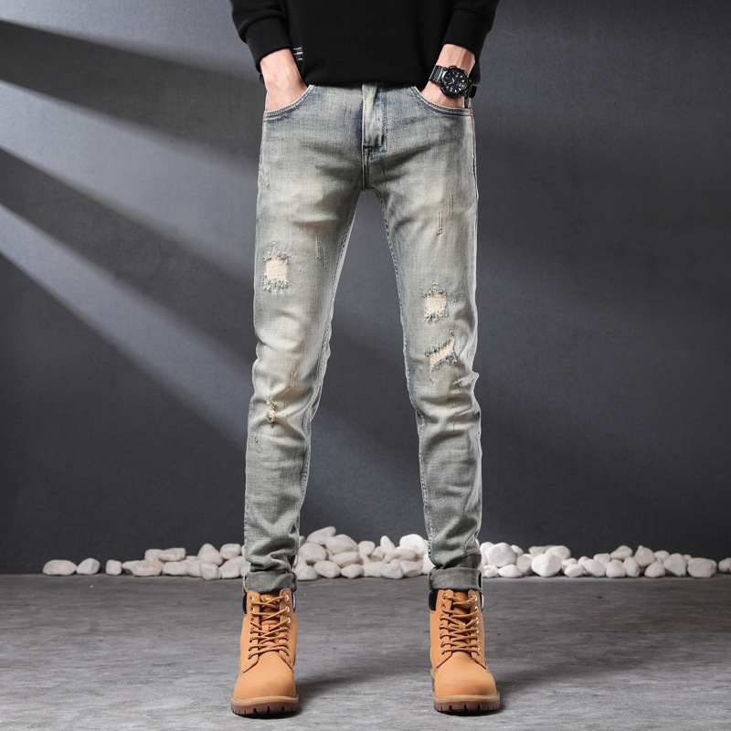 Handsome retro light grey scraped jeans men spring summer 2022 new slim feet stretch small straight leg long pants Featured Image