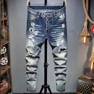 Factory direct selling personality men’s jeans ripped stitching elastic splash ink tight waist washed denim pants