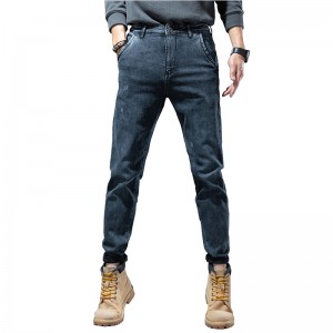 Factory direct sale men’s ripped printed jeans fashion patch stretch small feet jeans