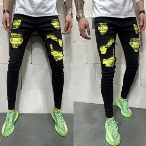 Factory Outlet Men’s Jeans Slim Fit Stretch Locomotive Washed Trousers Ripped Small foot Pants