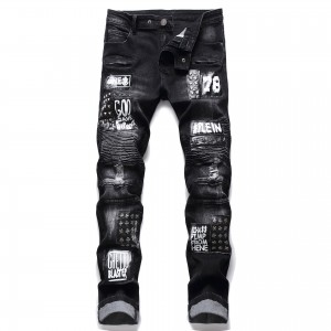 Fashion new patch embroidery jeans men’s slim straight casual black men’s trousers