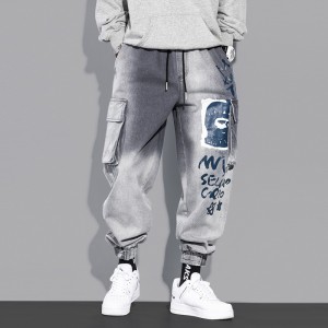 Factory Outlet Men’s Jeans Loose Elastic Feet Graffiti Gradient Multi-pocket High Street cargo Jeans