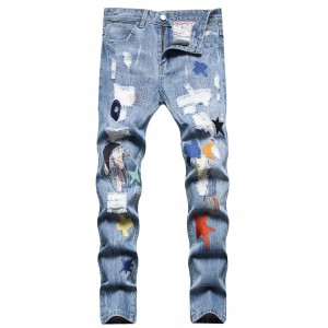 New fashion light blue jeans star pattern ripped hole fashion embroidery jeans for men