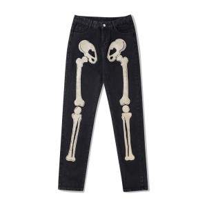Fashion men’s street skull bone print jeans high street hip-hop loose straight wide-leg pants