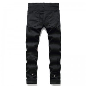 Fashion men’s jeans black mid-waist stitching casual denim trousers stretch small foot jeans