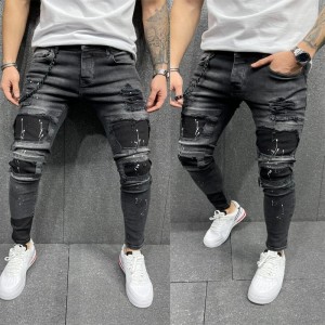 Factory direct sale men’s ripped printed jeans fashion patch stretch small feet jeans