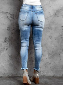 New fashion ladies jeans elastic ripped leopard print patch slim-fit denim trousers mid-waist washed jeans women