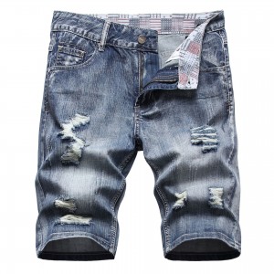 Casual shorts jeans men’s ripped trousers fashion loose straight print five-point pants