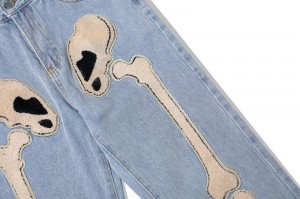 Fashion men’s street skull bone print jeans high street hip-hop loose straight wide-leg pants