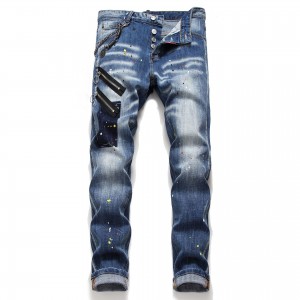 Fashion denim trousers elastic mid-waist blue jeans men’s casual personality ripped jeans