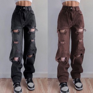 High Quality Ladies Ripped Jeans Fashion Casual Ladies Straight Loose Jeans