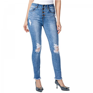 Stretch Cotton Button fly Jeans with Hole Skinny Ripped Women’s Jeans