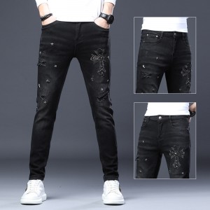 European fashion brand jeans men’s new heavy industry tiger hot drill trend gray slim pants with small feet