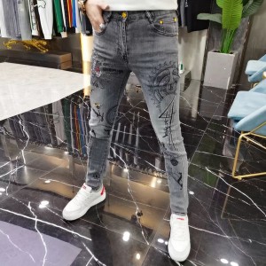 Men’s European station four seasons European goods fashion brand jeans men heavy industry tiger hot drill trend grey slim pants with small fee