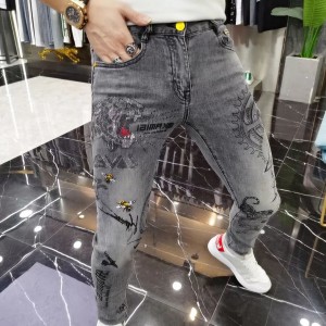 Men’s European station four seasons European goods fashion brand jeans men heavy industry tiger hot drill trend grey slim pants with small fee