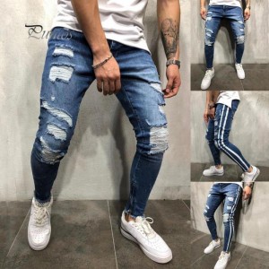 Fashion slim fit webbing Leg zipper ripped men’s jeans