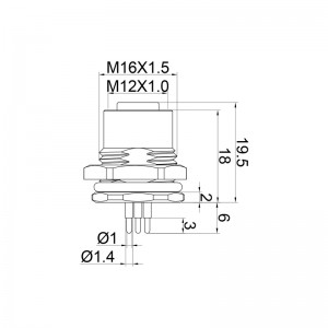 M12 फीमेल पैनल माउंट फ्रंट फास्टेड वॉटरप्रूफ इलेक्ट्रिकल सॉकेट थ्रेड M16X1.5 के साथ