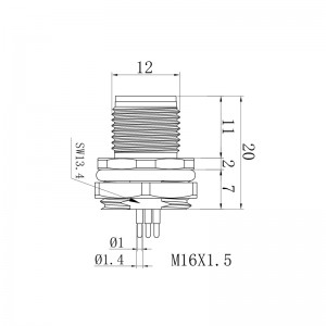 M12 Արական վահանակի ամրացվող հետևի ամրացված անջրանցիկ էլեկտրական միակցիչ թելով M16X1.5