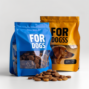 Custom Printed Flat Bottom Stand Up Pet Food Pouches With Carry Handle, Packaging Bags For Dog Kibble & Pet Treats