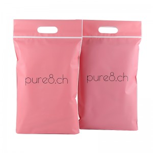 हँडल डिझाइनसह गुलाबी कपडे पॅकेजिंग फ्रॉस्टेड झिपलॉक बॅग
