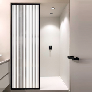 Super white changhong glass sliding door corrugated water pattern art stainless steel frame partition hot bending toughened screen