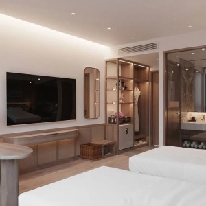 مجموعة أثاث غرف النوم بتصميم سرير مزدوج خشبي مجموعة فنادق حديثة