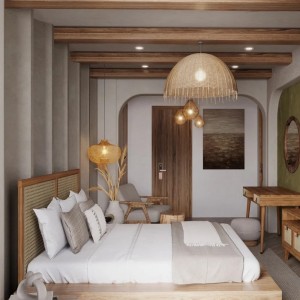 Muebles de dormitorio de hotel personalizados, juego de cama gigante de madera de ratán natural