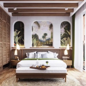 تخصيص أثاث غرفة نوم الفندق مجموعة سرير الملك الخشبي الروطان الطبيعي