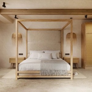 Հարմարեցված հյուրանոցային ննջասենյակի կահույքի հավաքածու Բնական Rattan Wooden King Size մահճակալ
