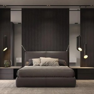 Luxuriöses Schlafzimmerset mit grauen Stoffmöbeln im nordischen Stil der Spitzenklasse