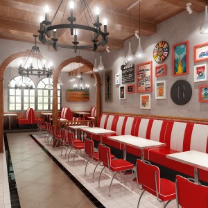 रेस्तरां रेट्रो औद्योगिक शैली की मेज और कुर्सियाँ