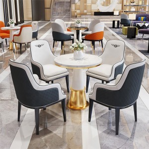მორგებული ტყავის მაგიდის და სკამების თანამედროვე სასტუმროს სარესტორნო ავეჯის ნაკრები